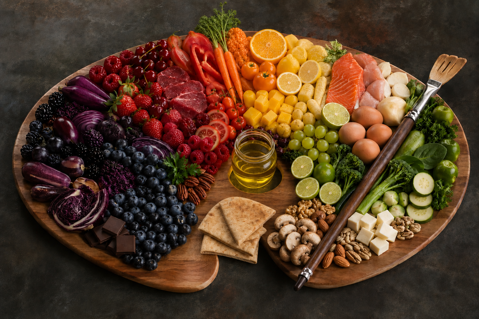 A realistic wooden artist’s palette arranged with healthy foods across the full color spectrum, with olive oil at the center and a wooden cooking utensil used as the artist’s brush.